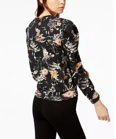 Bar III Womens Floral-Print Puffed-Sleeve Sweatshirt Black