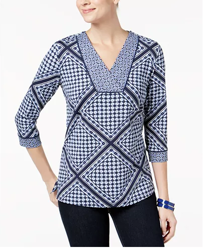 Charter Club Petite Mixed-Print Top Intrpd Blue Cmb PXS