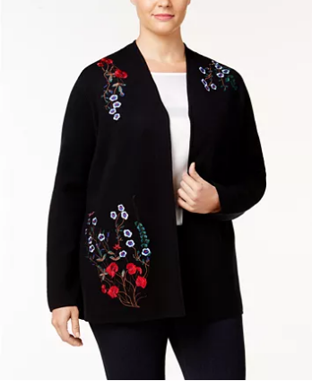 Charter Club Womens Plus Embroidered Open Front Cardigan Deep Black 0X