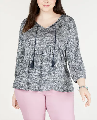 Plus Size Split-Neck Babydoll Top Grey 2X 9 (Check Color)