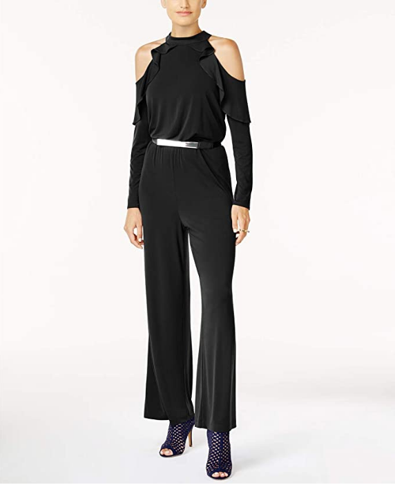Thalia Sodi Belted Cold-Shoulder Jumpsuit Deep Black Multiple Sizes