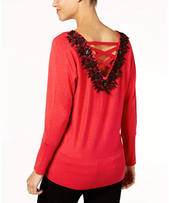 Thalia Sodi Laced-Back Sweater Lipstick Red Multiple Sizes