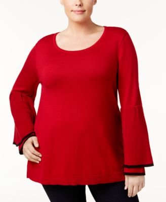 Style Co Plus Size Red Black Double Ruffled-Sleeve Scoop Neck Sweater 1X
