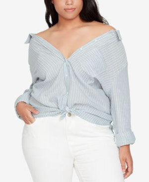 William Rast Convertible Striped Shirt Smoke Blue Clear Day Stripe 1X