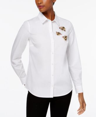 Charter Club Petite Cotton Embellished Bee Shirt, Bright White 10P