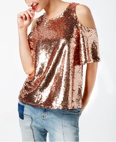 INC International Concepts Petite Sequined Cold-Shoulder Shimmer Rose PXS