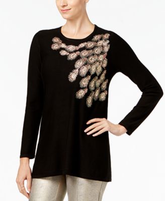 Alfani  Metallic Embellished Tunic Top Deep Black Multiple Sizes