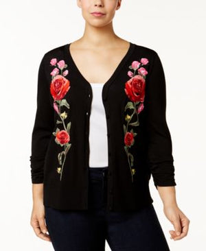 INC International Concepts Plus Size Embroidered V-Neck C Deep Black 0X