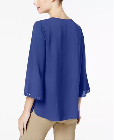 JM Collection Stud-Trim Inverted Pleat Top, Navy L