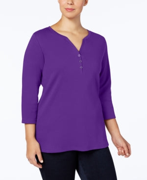 Karen Scott Plus Size Cotton Henley Top Cassis 3X