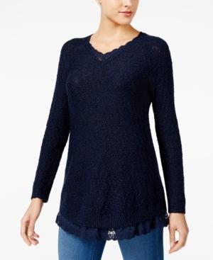 Style Co Petite Lace-Trim Tunic Sweater Industrial Blue PS