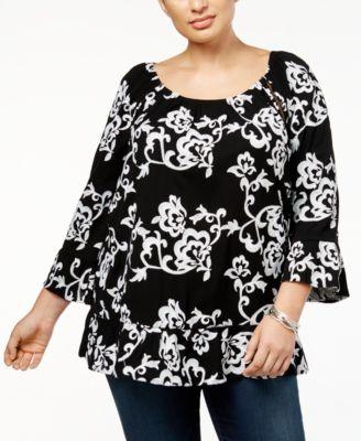 INC International Concepts Plus Size Printed Ruffle Top, Deep Black 1X