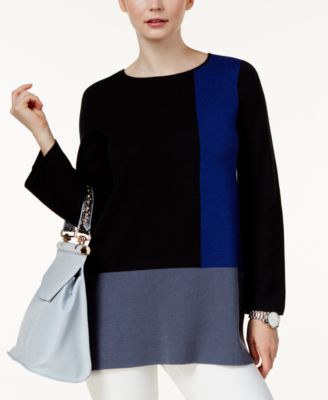 Alfani Colorblocked Jewel Neck Pullover Sweater Black/Andromeda Combo S