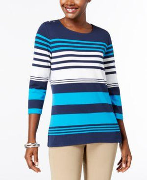 Karen Scott Petite Striped Three-Quarter-Sleeve Top