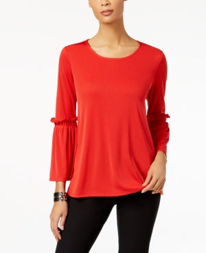Alfani Petite Ribbed Bell-Sleeve Top Red PL