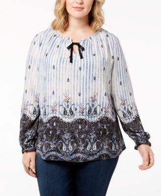 Style & Co. Plus Striped Floral Print Peasant Top Spring Sanctuary L