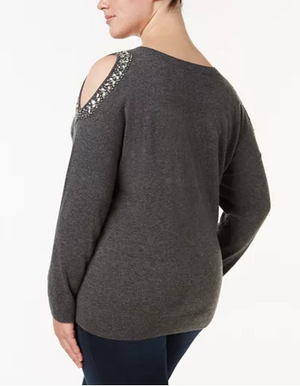 INC International Concepts Plus Size Embellished Cold-Sho Heather Grey 0X