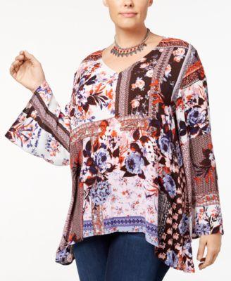 Style Co Plus Size Mixed-Print Bell-Sle Vintage Floral 1X