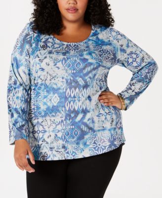Style & Co. Womens Plus Printed Embellished Peasant Top Blue 0X