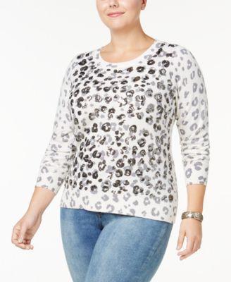 INC International Concepts Plus Size Sequined Animal-Print Washed White 1X