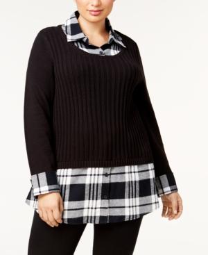 Style & Co. Northern Lights Ribbed Knit Layered Sweater, Black Combo 1X