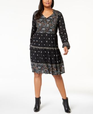 Style & Co Plus Size Printed Peasant Dress, Bandana Black 2X
