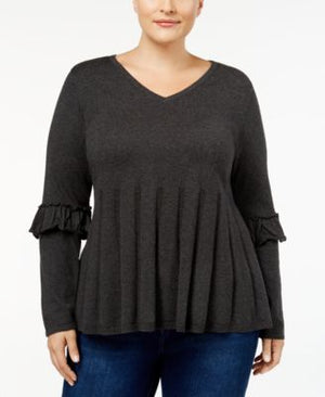 Style & Co Plus Size Ruffled-Sleeve Pleated V-Neck Sweater 1X