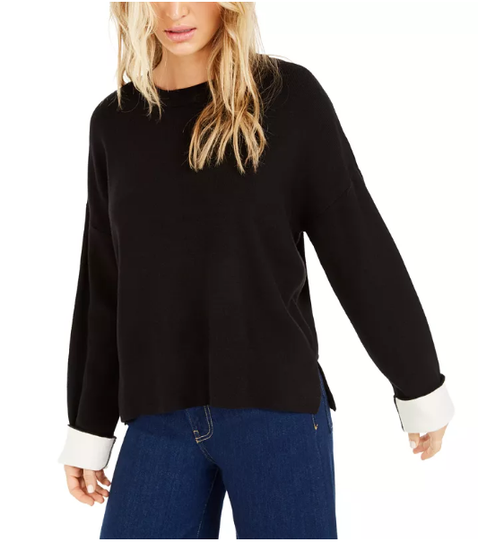 Bar III Becca Tilley x Contrast-Cuff Crewneck Sweater Size M