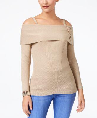 Thalia Sodi Metallic Lace-Up Cold-Shoulder Sweater Golden Sun XL