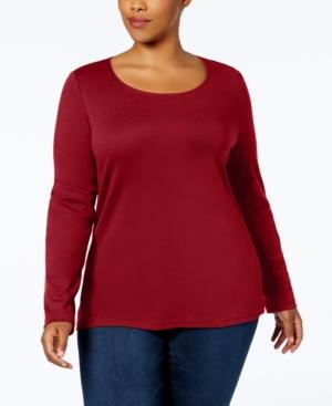 Karen Scott Plus Size Cotton Long-Sleeve T New Red Amore 3X