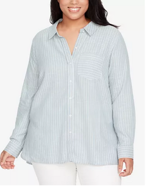 William Rast Convertible Striped Shirt Smoke Blue Clear Day Stripe 1X
