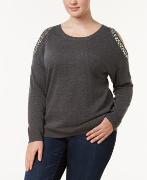 INC International Concepts Plus Size Embellished Cold-Sho Heather Grey 0X