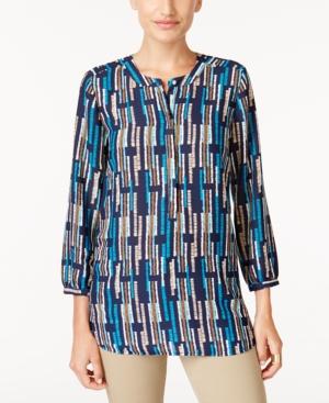 JM Collection Printed Pleated-Back Blouse Teal Iconic Lines M