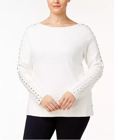 INC International Concepts Plus Size Rhinestone Sweater Washed White