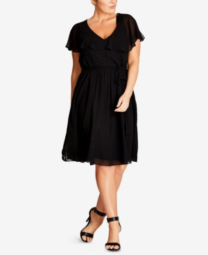Plus Size Women's City Chic Ruffle V-Neck Fit & Flare Dress, Size X-Large - Black